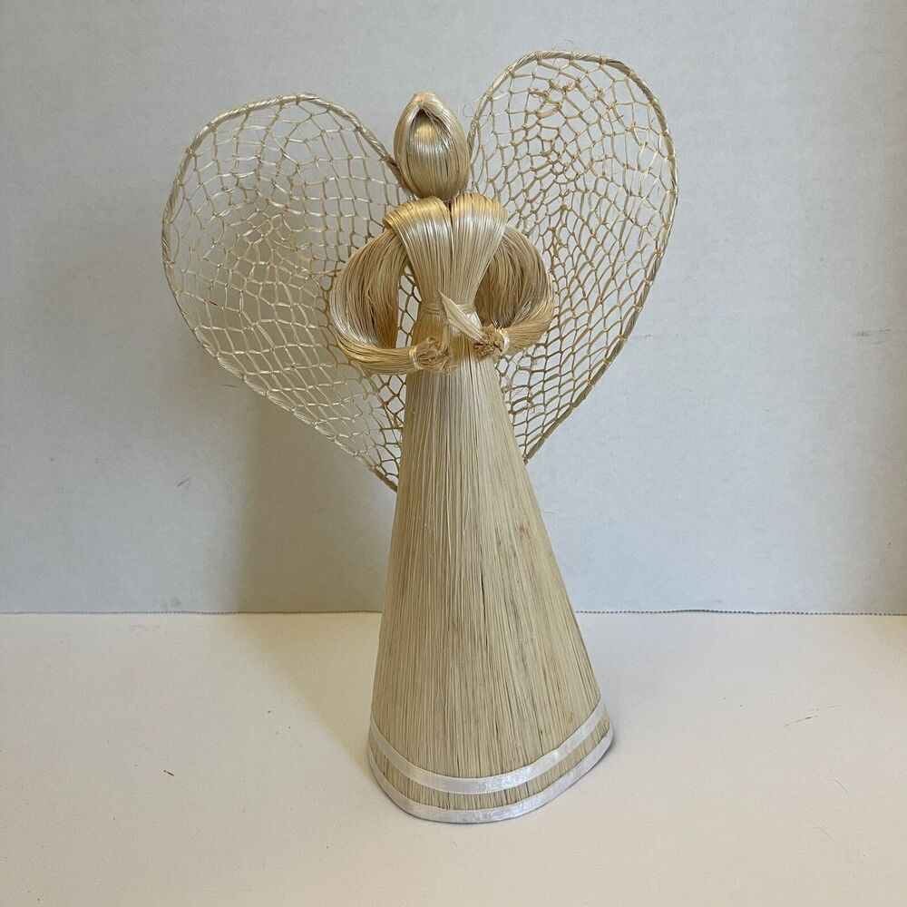Vintage Corn Husk Angel Christmas Tree Topper Doll 10” Full Wings Praying Hands